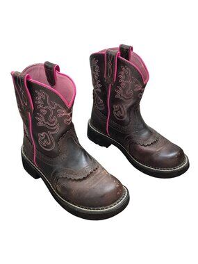 Ariat Brown & Pink Western Boots Leather Embroidered Design Durable Womens 6.5